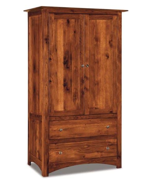 The Finland 2 Door 2 Drawer Armoire is a beautiful combination between the clean, cut lines of a classic Mission style with the graceful curves of a Shaker style. Features 2 soft close doors, 2 full extension drawers, and 2 adjustable shelves.