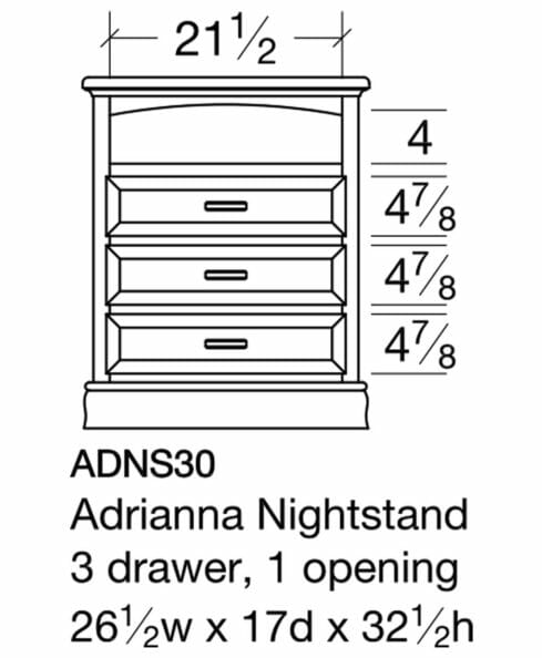 Adrianna Nightstand 3 Drawer, 1 Opening [ADNS30 Dimensions]