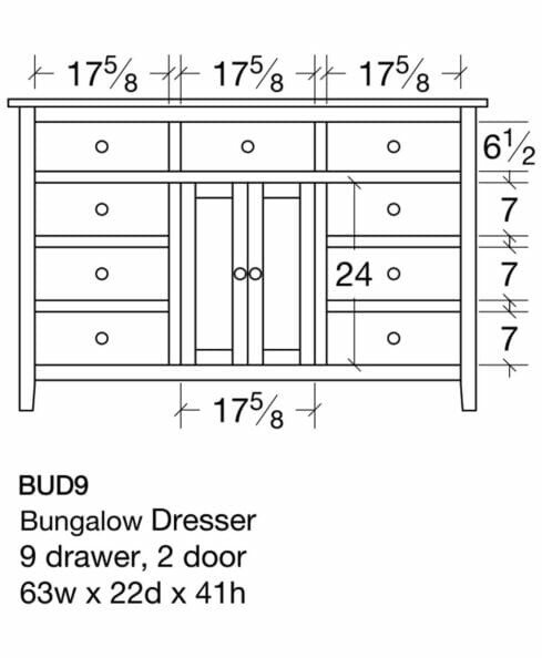 Bungalow 9 Drawer 2 Door Dresser [BUD9 Dimensions]