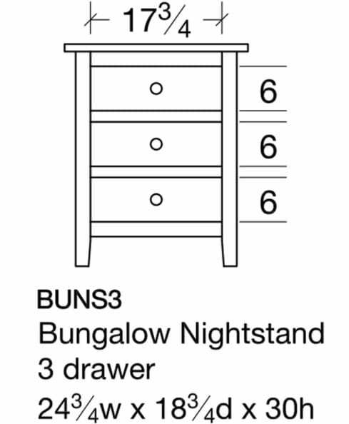 Bungalow 3 Drawer Nightstand [BUNS3 Dimensions]