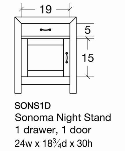 Sonoma 1 Door 1 Drawer Nightstand. [SONS1D Dimensions]