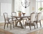 Amish made Dining Room Furniture Set shown with Palmer Chairs in Oak with Antique Slate Stain and Dakota Moondust Fabric. [Amish Direct Furniture]