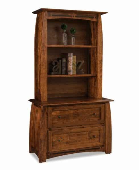 Gently curved legs, ebony inlays, and arched skirts distinguish the Boulder Creek 2 Drawer Lateral File Cabinet with Bookcase (FVL-2144-HT-BC)