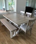 Heyerly Trestle Table with Oleta Dining Chairs and Kalispel Bench [Shown with Hickory top with Hard Maple base and Mineral finish on top and Weathered Snow White on base / Amish Direct Furniture]