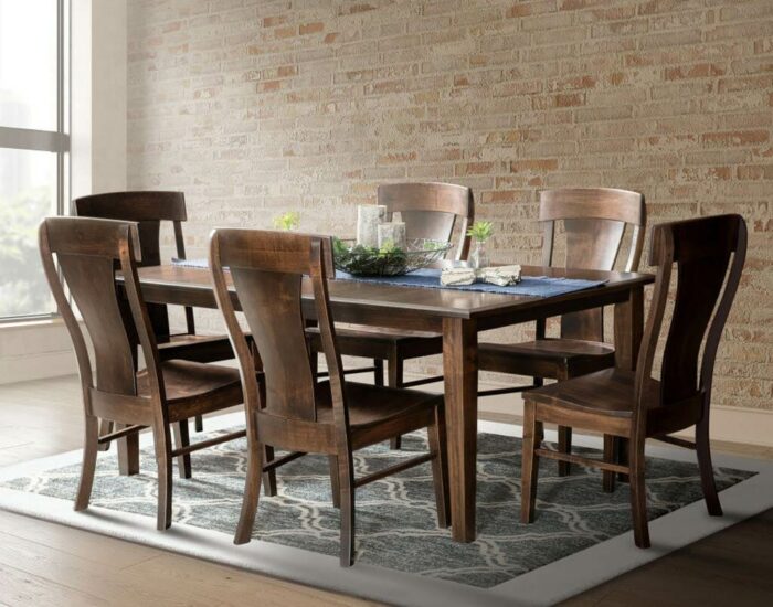 Amish made Dover Table Set shown in Brown Maple with FC-40592 Earthtone stain. Shown with Ramsey Chairs. [Amish Direct Furniture]