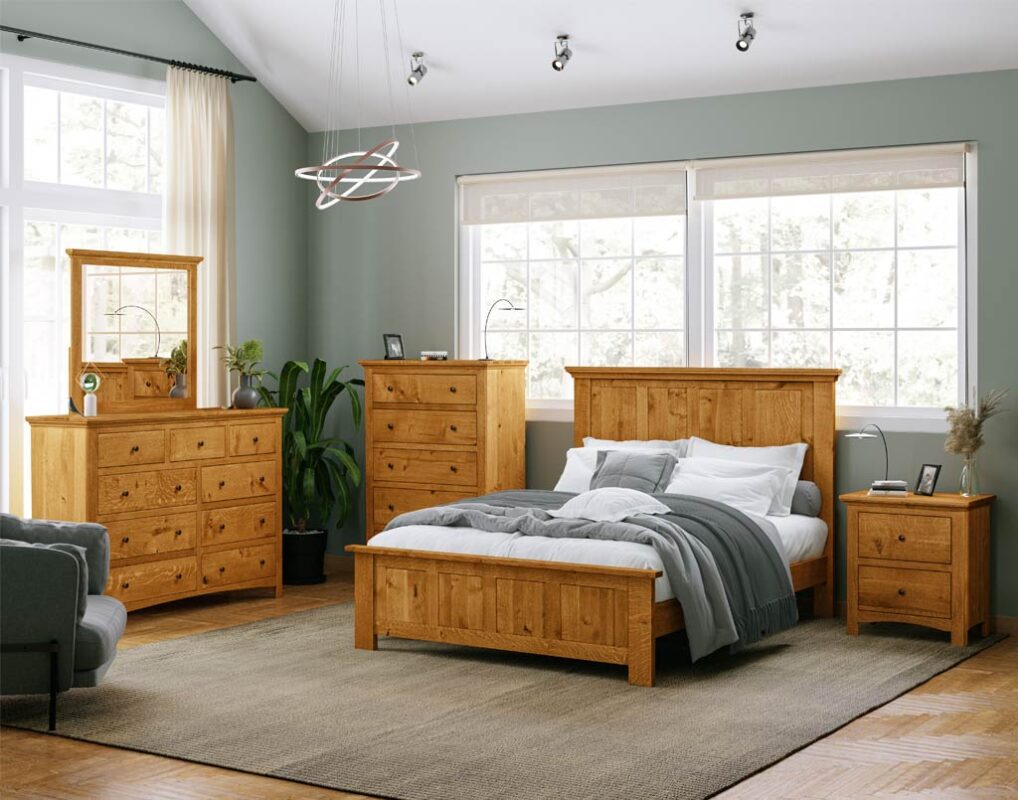 Canton Amish Bedroom Collection. Shown in Rustic Quartersawn White Oak with a Medium Walnut Finish